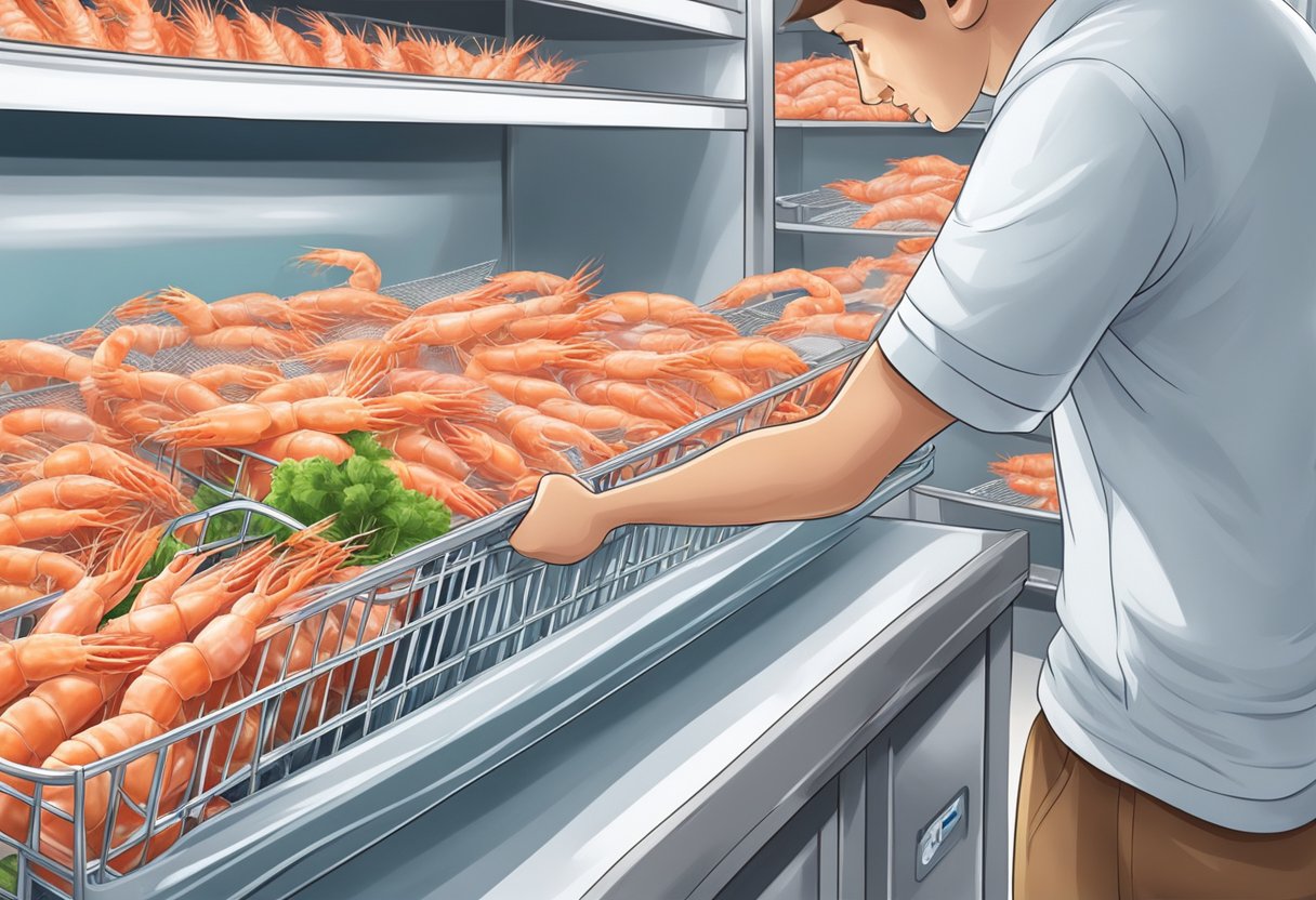 A hand reaches into a freezer, selecting a bag of frozen prawns. The hand then places the bag into a shopping cart at the grocery store