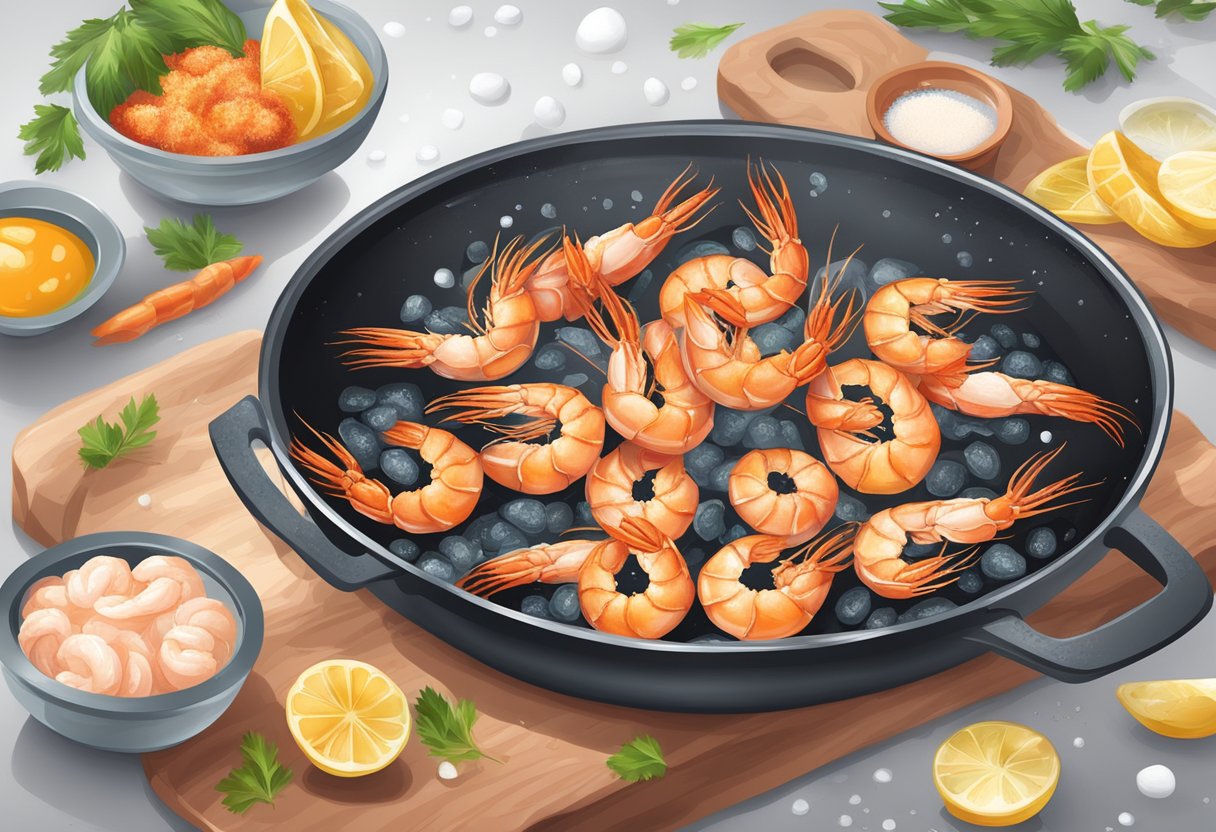 Prawns being thawed, peeled, and cooked in a sizzling pan with oil and spices