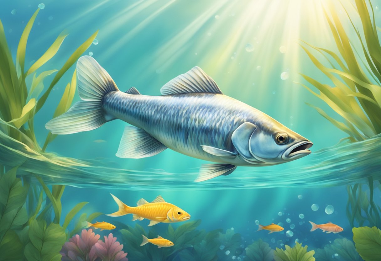 A pangasius fish swims gracefully through clear, rippling water, surrounded by colorful aquatic plants and sunlight filtering down from above