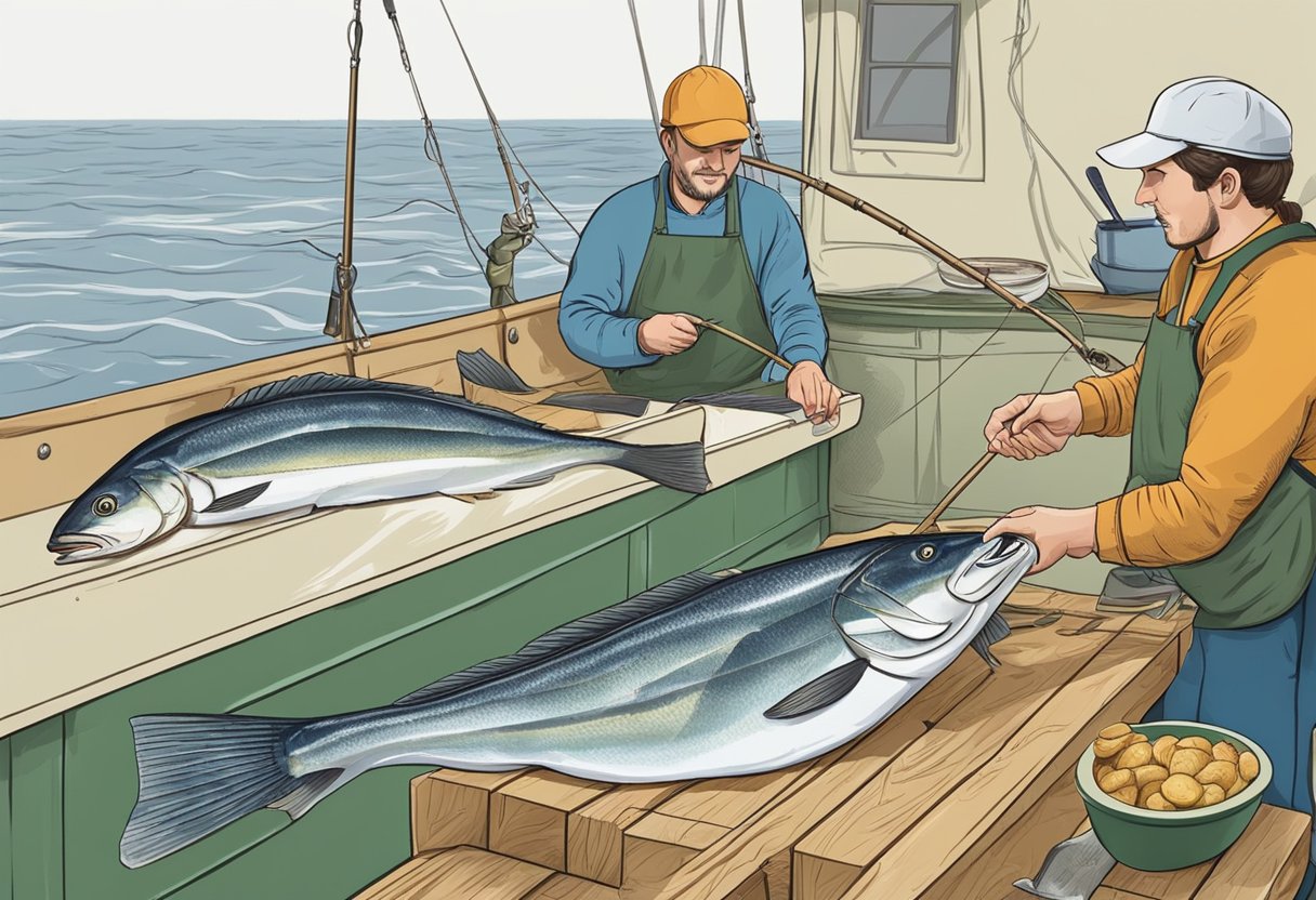 A person fishing haddock from a boat, then preparing and cooking the fish for consumption