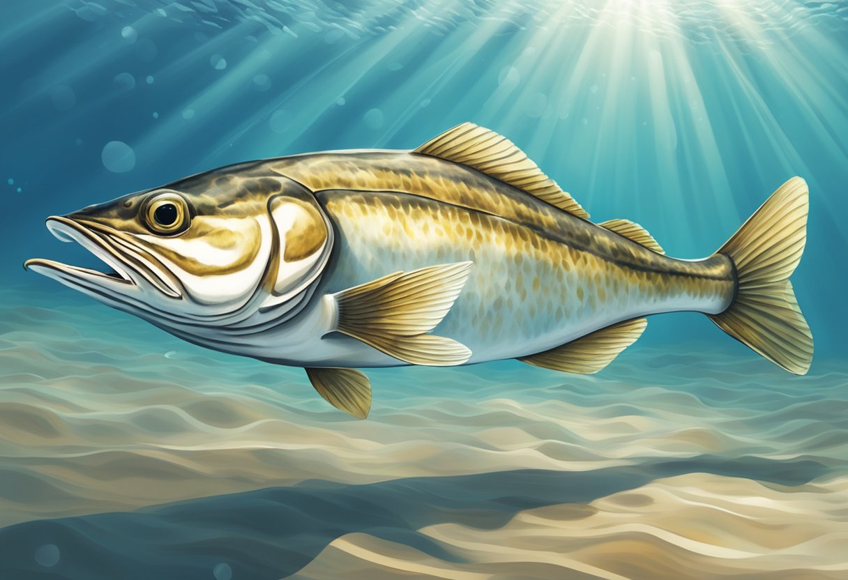 A haddock fish swimming in clear ocean waters, with sunlight filtering through the surface, creating dappled patterns on the sandy seabed below