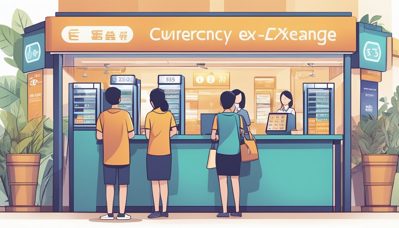 A bustling currency exchange booth in Pasir Ris, Singapore. Customers line up while staff members handle transactions behind the counter. Brightly lit signs display exchange rates