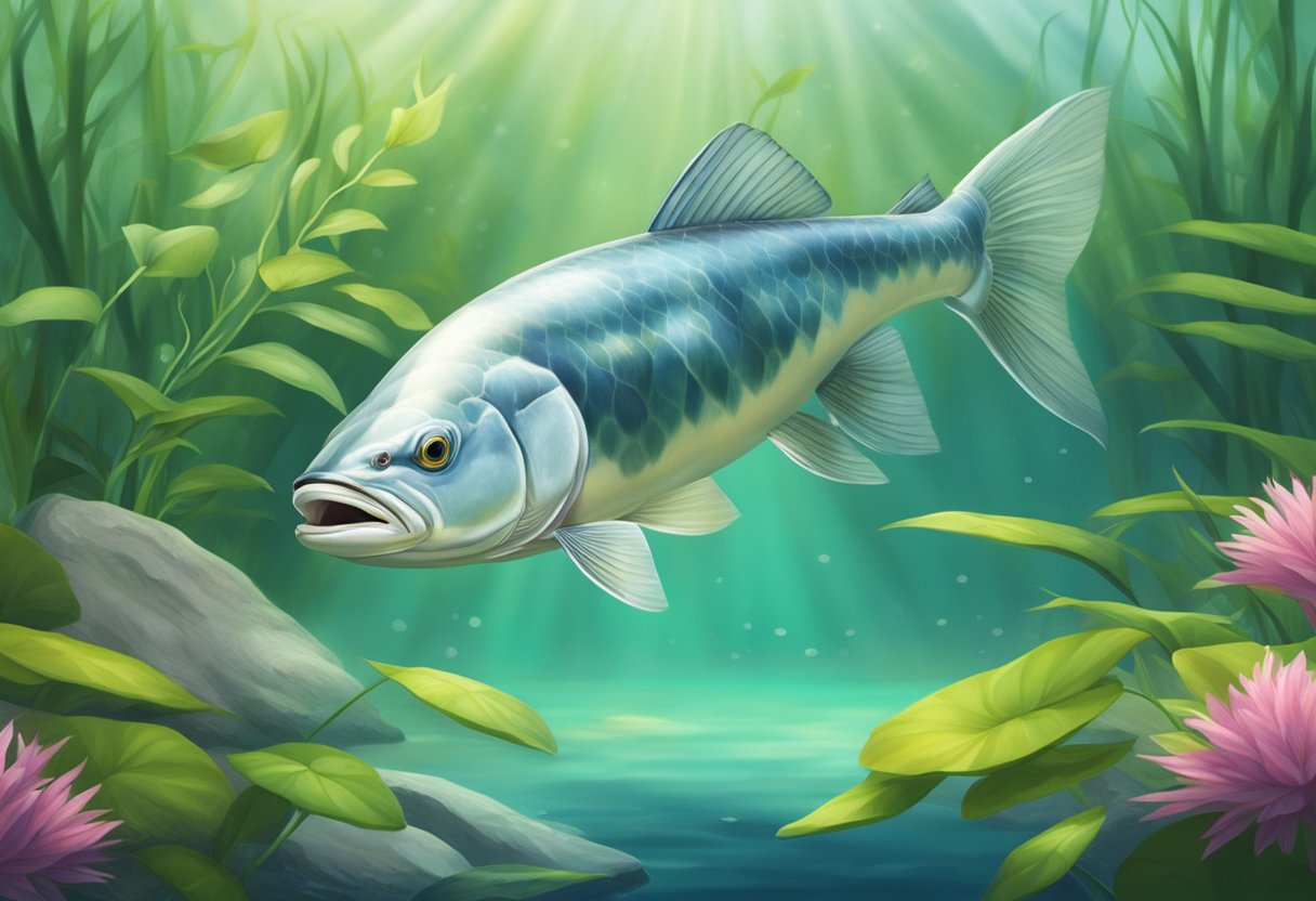 A pangasius fish swims gracefully in a clear, freshwater river, surrounded by lush green vegetation and colorful aquatic plants