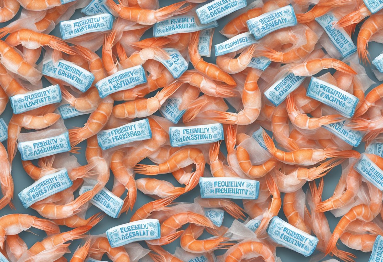 A pile of frozen prawns in a clear plastic bag, with a label that reads "Frequently Asked Questions" in bold letters