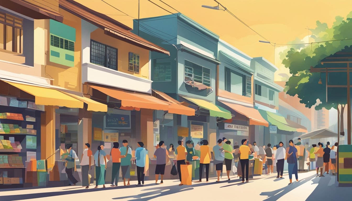 A bustling street in Pasir Ris, Singapore, with colorful money changer stalls and busy customers exchanging currency. The sun shines brightly, casting long shadows as people come and go