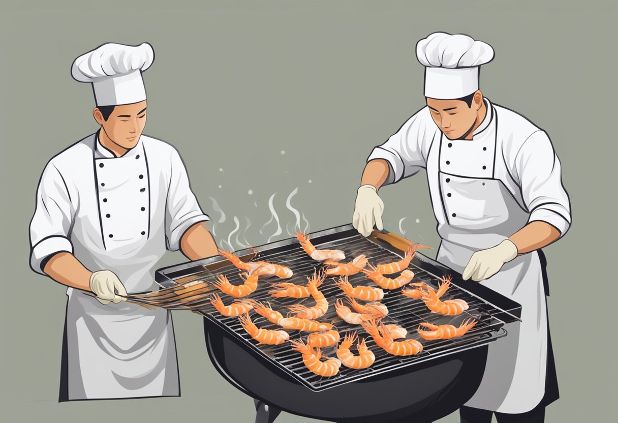 A chef cleans and deveins fresh ebi prawns before marinating and grilling them over an open flame