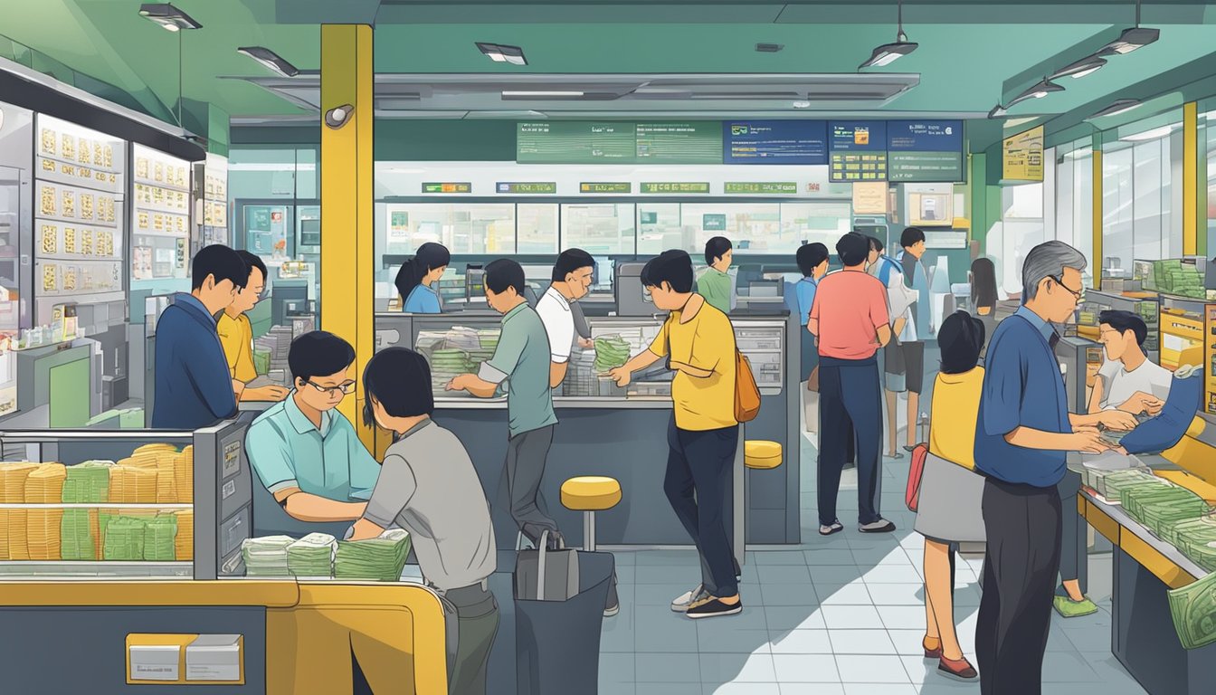 A bustling money changer in Pasir Ris, Singapore, with customers exchanging currency and staff busy at their stations