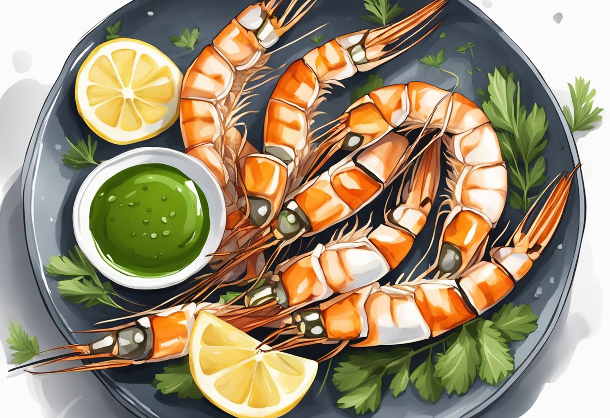A plate of grilled ebi prawns with a side of dipping sauce, garnished with fresh herbs and lemon wedges