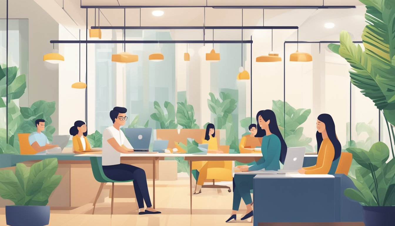 Customers seamlessly borrowing money from Geylang money lender, with a friendly and efficient process. Brightly lit office with modern decor and comfortable seating