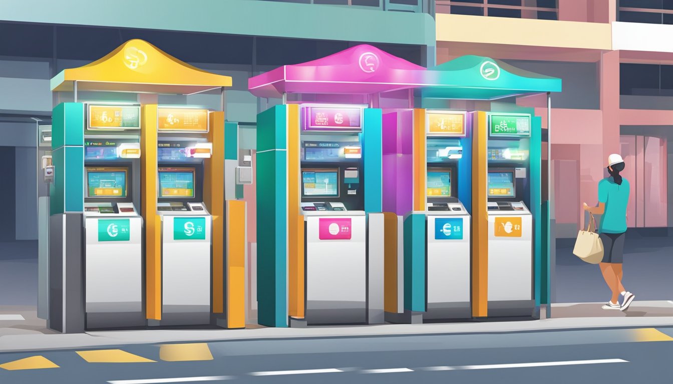 A row of money changer booths in Pasir Ris, Singapore. Brightly colored signs advertise currency exchange services