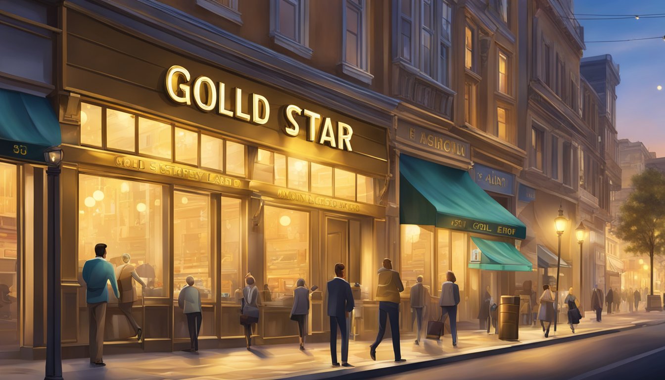 A gold star money lender's sign glows in the evening, casting a warm light on the bustling street below