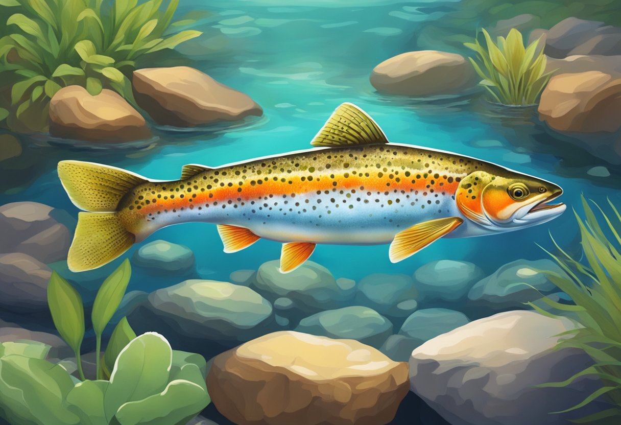 A trout fish swims gracefully in a clear, bubbling stream, surrounded by colorful rocks and vibrant aquatic plants