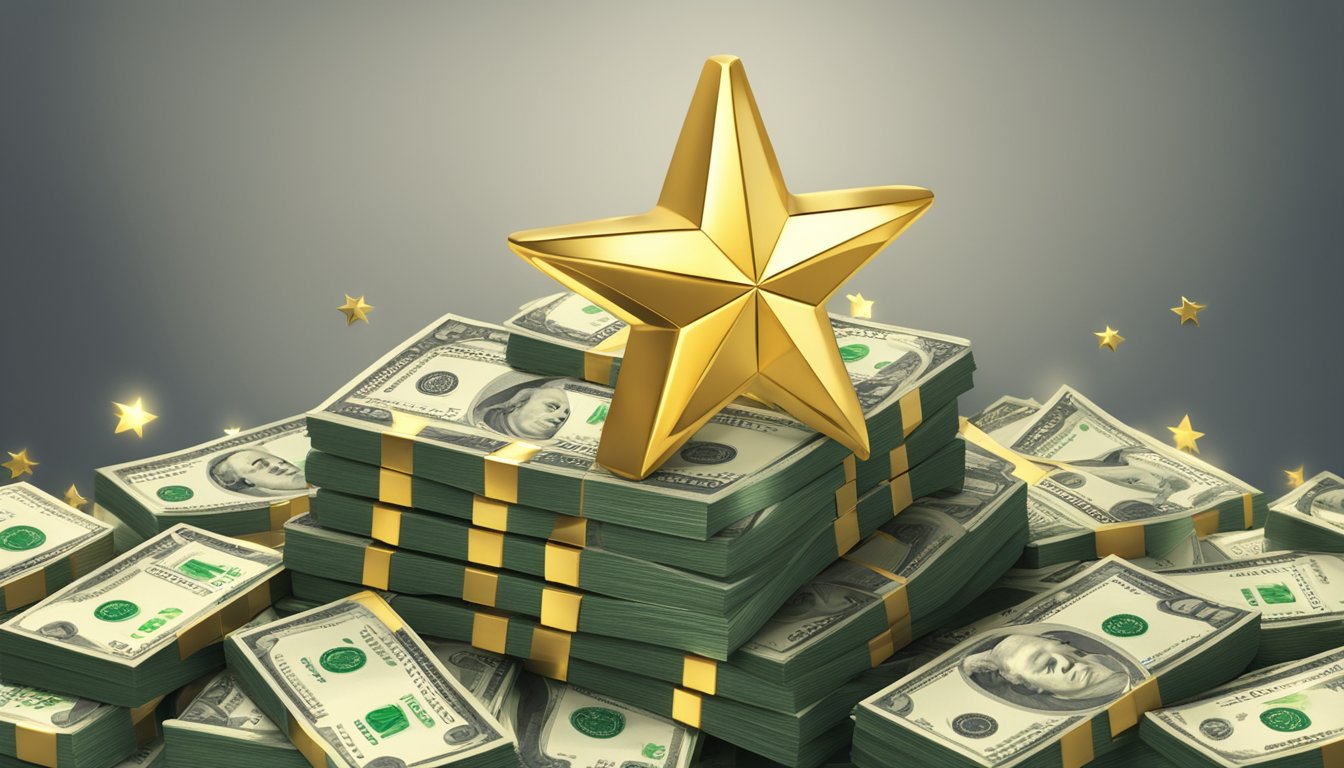 A gold star emblem shines above a stack of money, symbolizing the success and reliability of Gold Star Money Lending