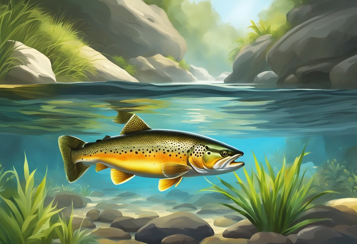 Trout swim in clear, flowing streams, surrounded by rocks and aquatic plants. Sunlight filters through the water, casting dappled shadows on the riverbed