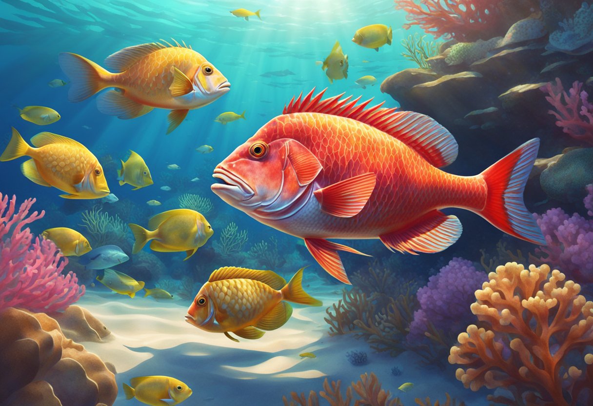 A red snapper fish swims among coral reefs in clear, tropical waters. Sunlight filters through the water, casting dappled shadows on the vibrant marine life