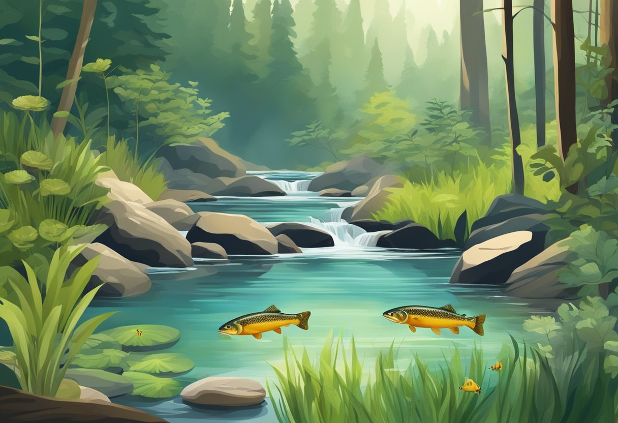 A clear stream flows through a forest, with rocks and aquatic plants. A trout swims gracefully among the water, surrounded by small insects and minnows