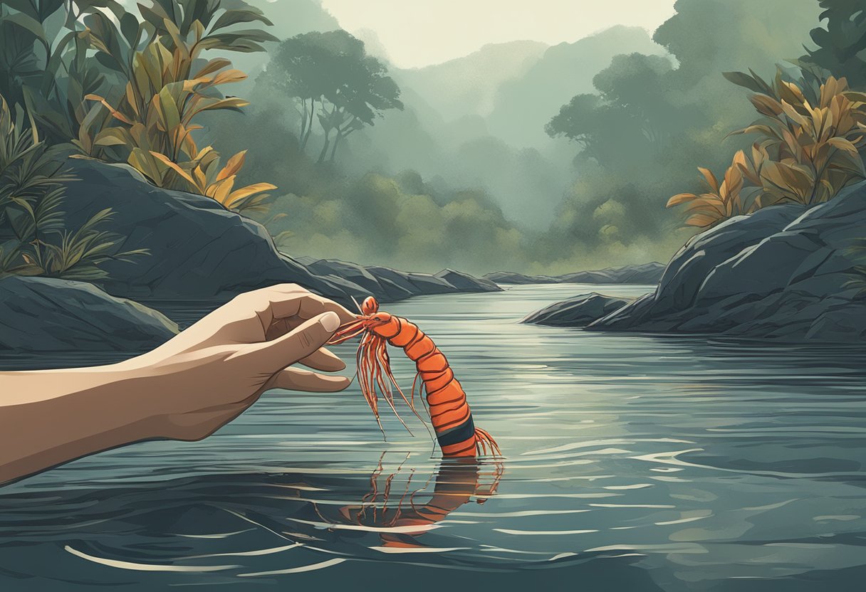 A hand reaching into a murky river, pulling out a large, red ang kar prawn