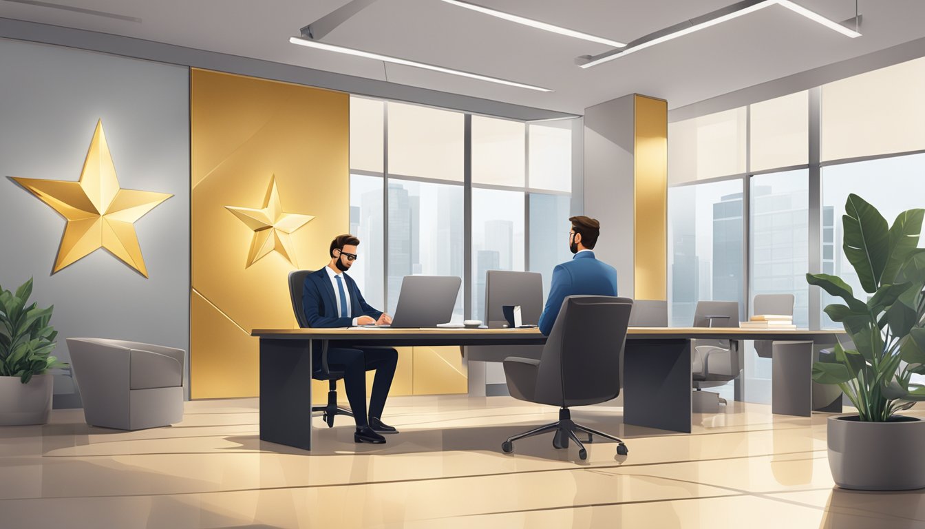 A sleek, modern office with a large gold star logo on the wall. A professional-looking staff member assists a client at a desk