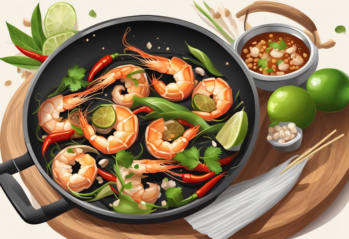 A sizzling pan with Ang Kar prawns, garlic, and chili, emitting a mouth-watering aroma. Ingredients like soy sauce and lime are neatly arranged nearby