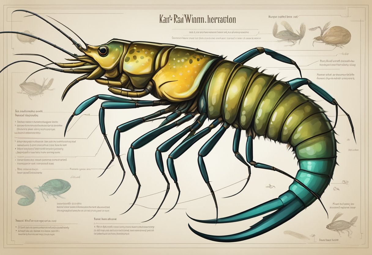 A kar prawn, with its long, curved body and large, pincer-like claws, is surrounded by a list of frequently asked questions