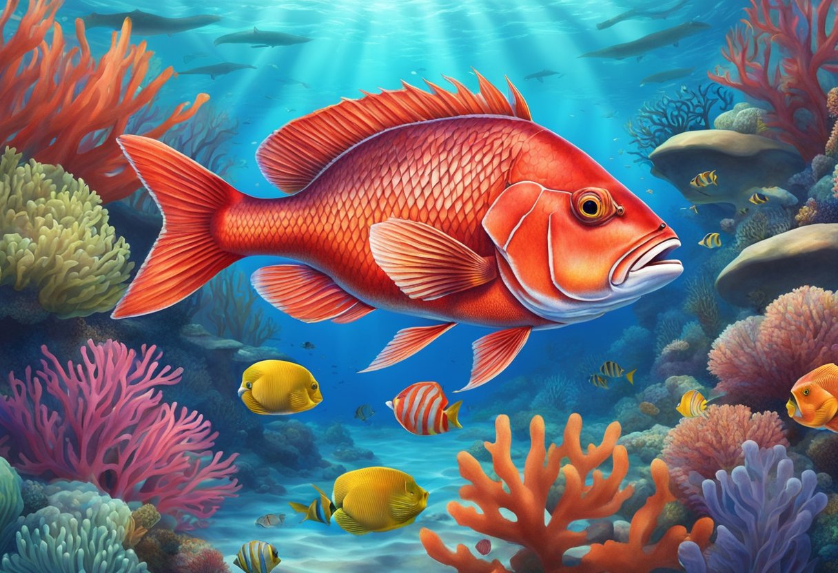 A red snapper fish swimming among a vibrant coral reef, surrounded by other marine life and clear blue water