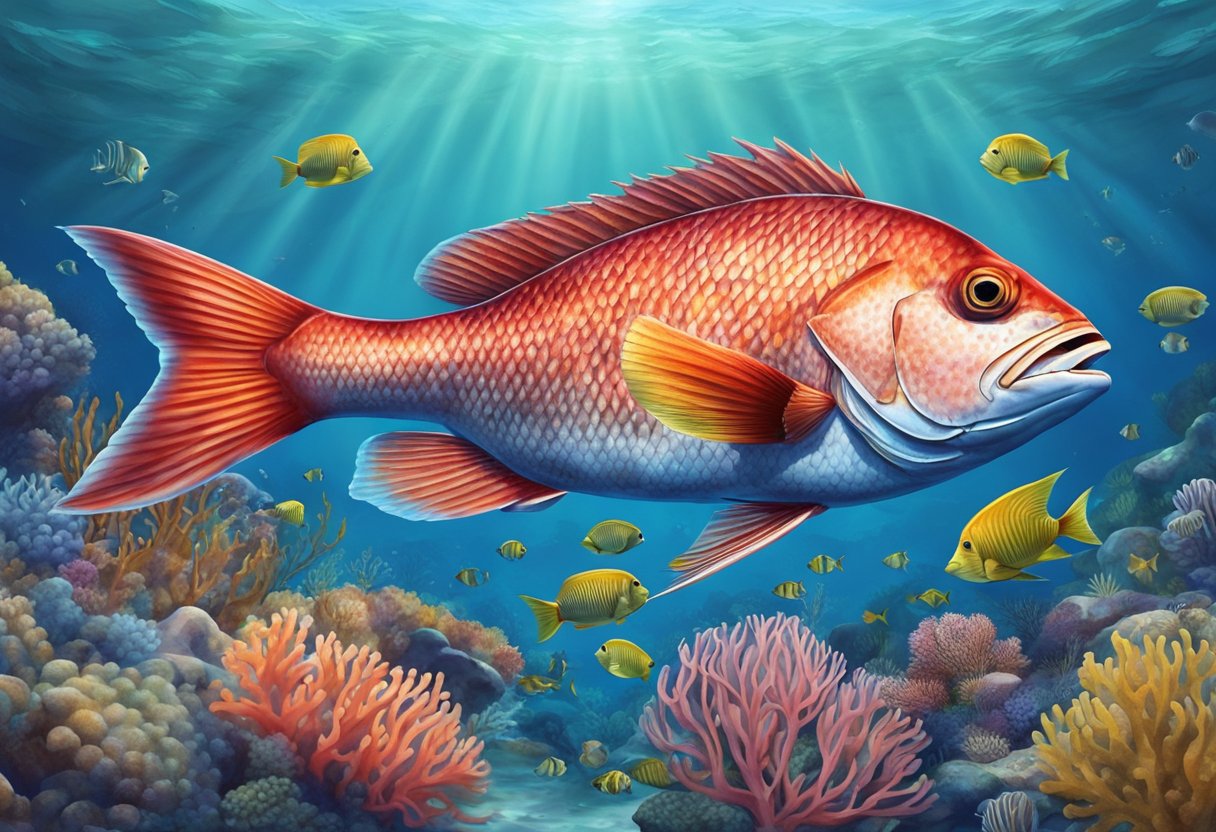 A red snapper fish swimming in clear blue ocean water, surrounded by coral and other marine life
