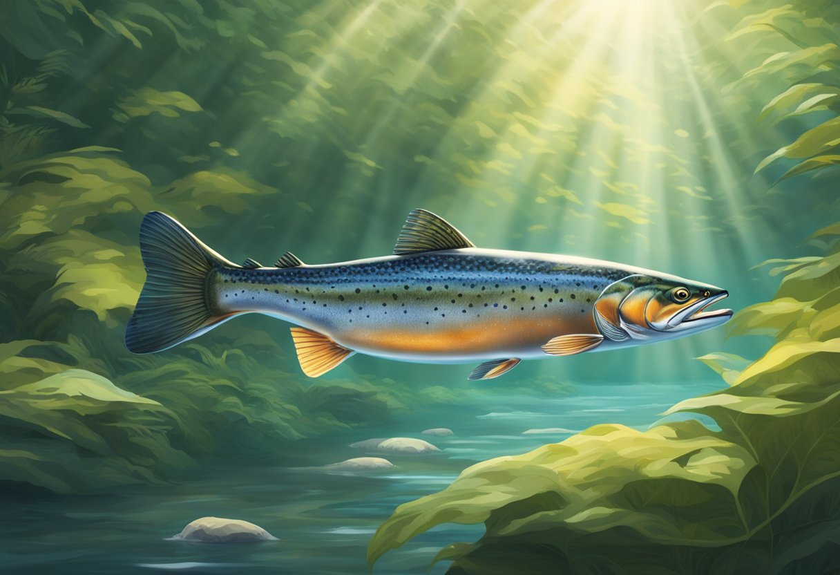 An Atlantic salmon fish swims gracefully through the clear, flowing waters of a pristine river, surrounded by lush greenery and sunlight filtering through the surface