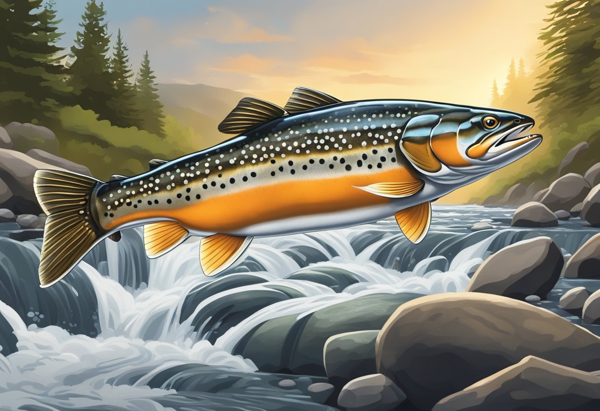An Atlantic salmon swims upstream, leaping over waterfalls to reach its spawning grounds. It lays eggs in the gravel bed, where they will hatch and begin their life cycle