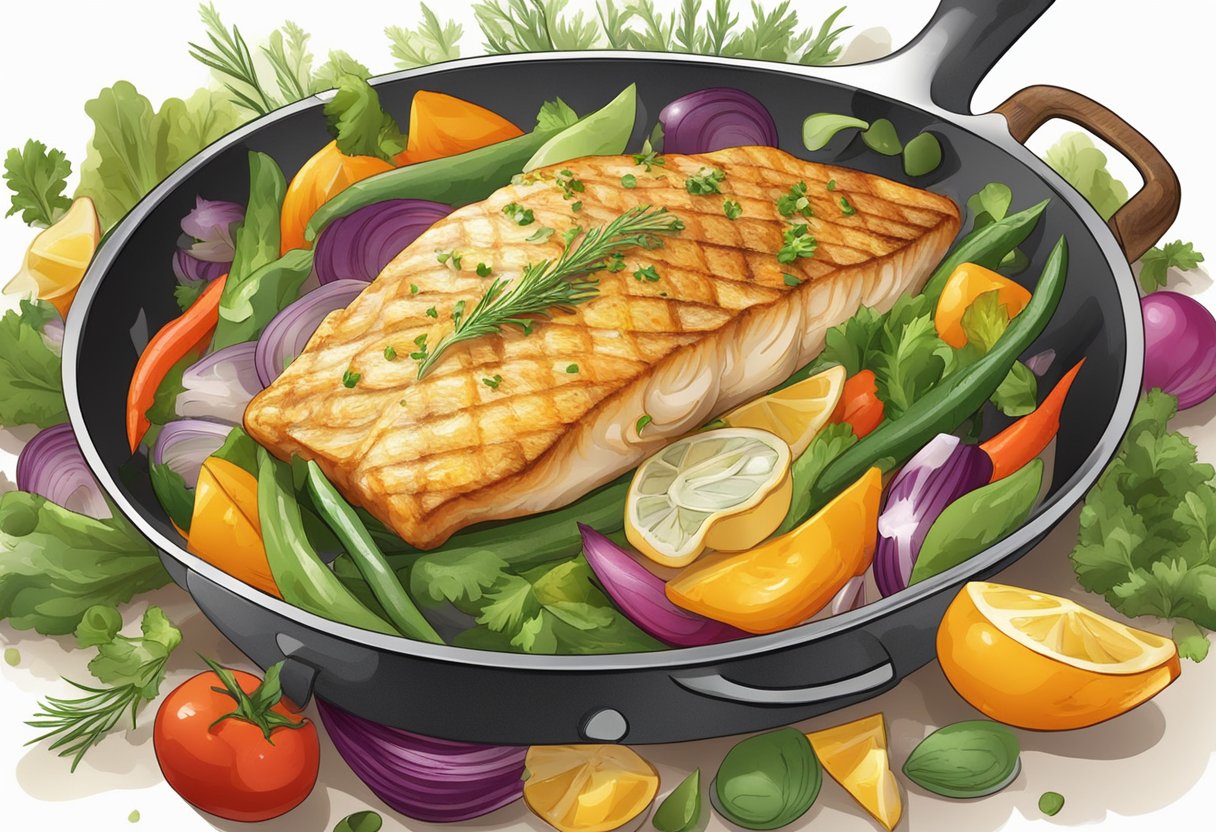 A cod fish fillet sizzling in a hot skillet, surrounded by colorful vegetables and aromatic herbs