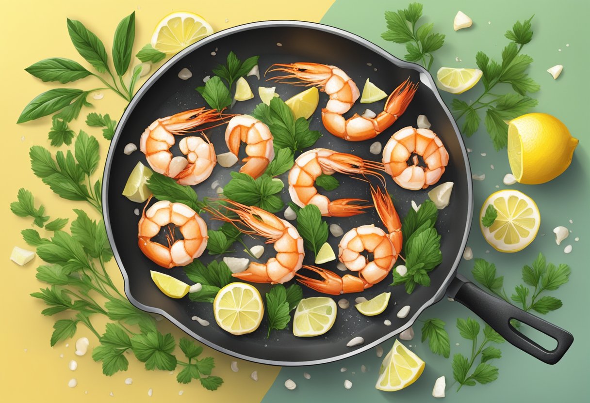 Prawns sizzling in a hot pan with garlic and butter, surrounded by chopped herbs and lemon slices