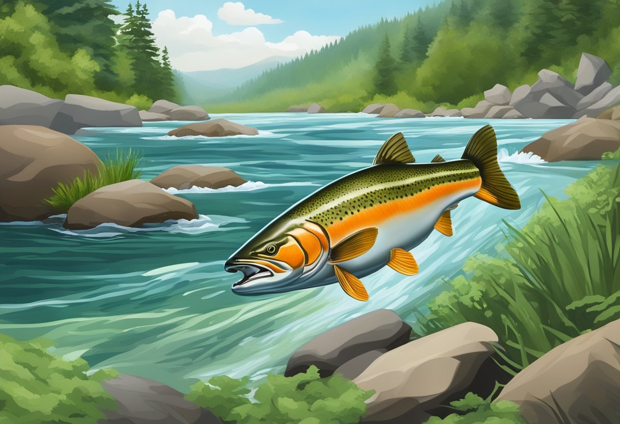Atlantic salmon swimming upstream in a clear, rushing river, surrounded by lush green vegetation and rocky riverbed, while facing threats from pollution and overfishing