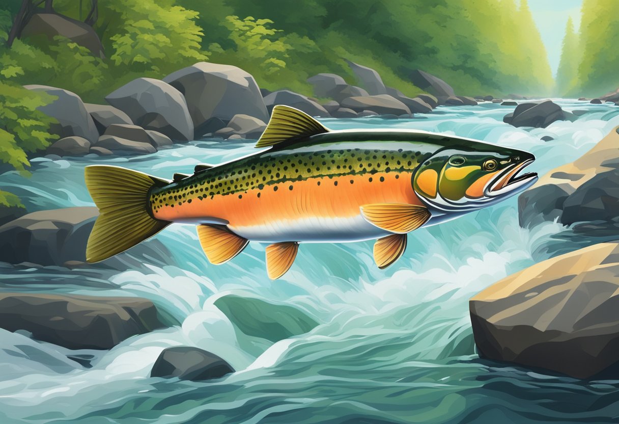 An Atlantic salmon swimming upstream in a clear, rushing river, surrounded by rocks and vibrant green vegetation