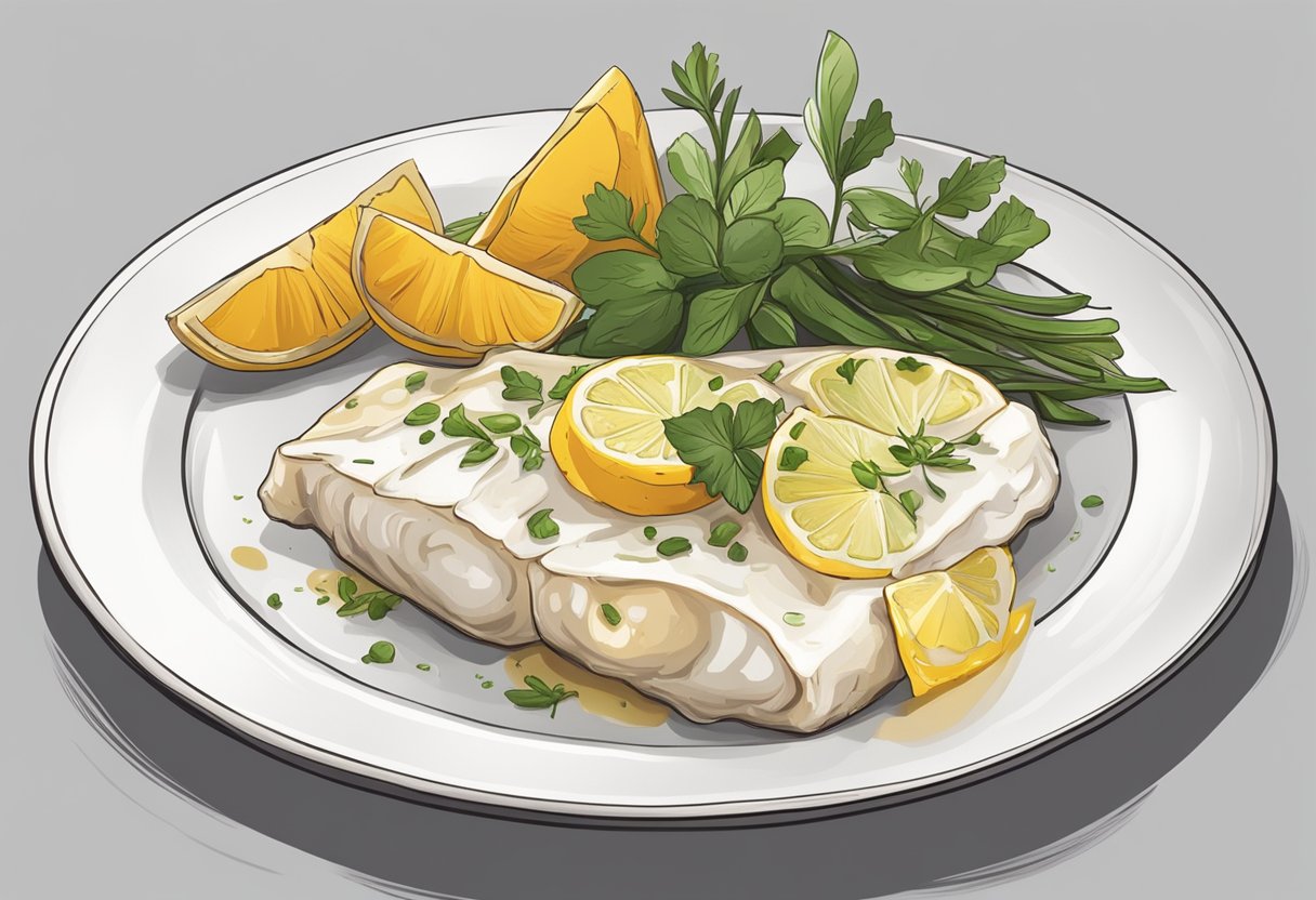 A plate with a perfectly cooked cod fish fillet, garnished with fresh herbs and accompanied by a side of roasted vegetables and a wedge of lemon