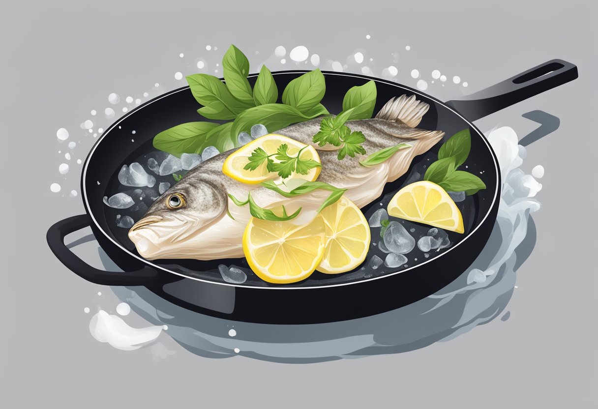 A cod fish fillet being grilled on a sizzling hot pan with steam rising, surrounded by fresh herbs and lemon slices