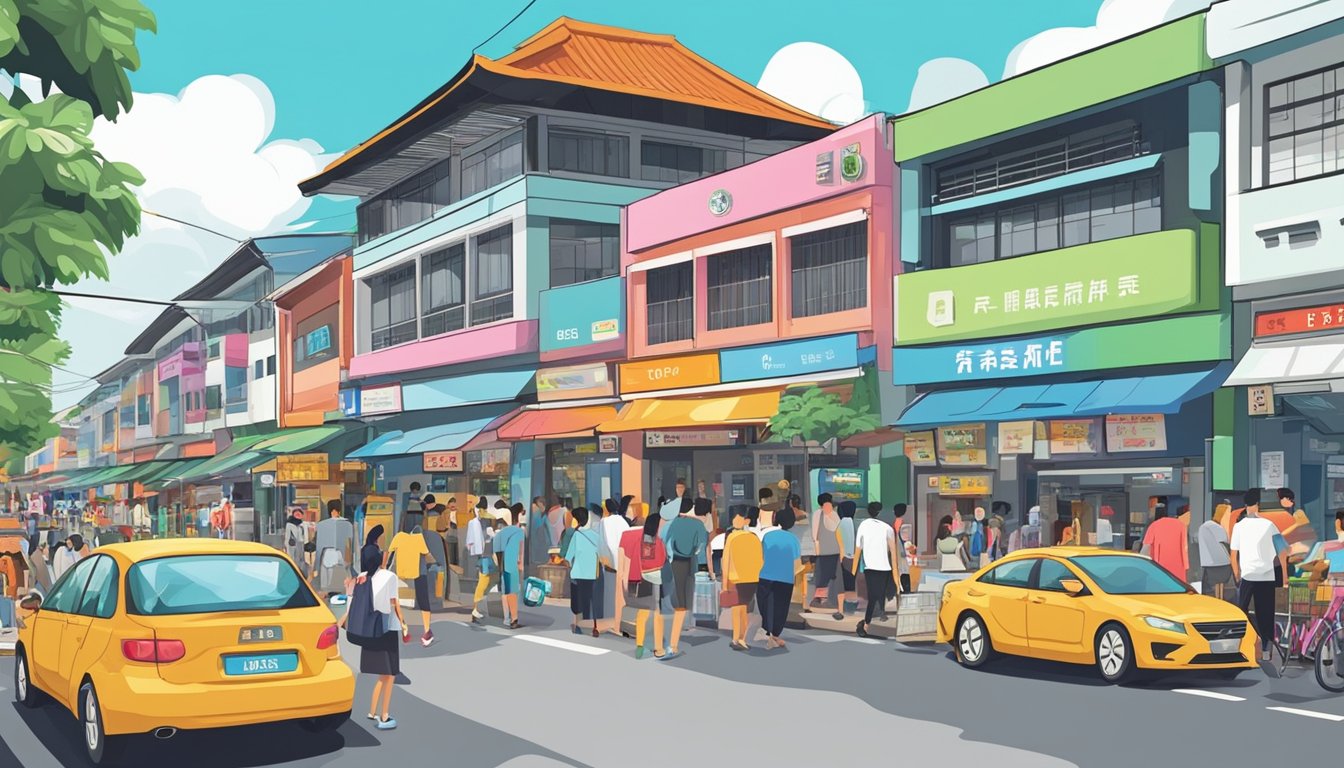 A bustling street in Pasir Ris, Singapore, with currency exchange shops lining the road. Brightly colored signs advertise the best rates, attracting a diverse crowd of locals and tourists