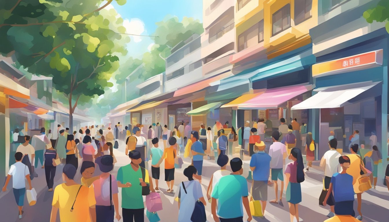 A busy street in Pasir Ris, Singapore, with colorful currency exchange booths and a steady flow of customers. The sun shines down on the vibrant scene, as people come and go, exchanging money with the best money changers in the area