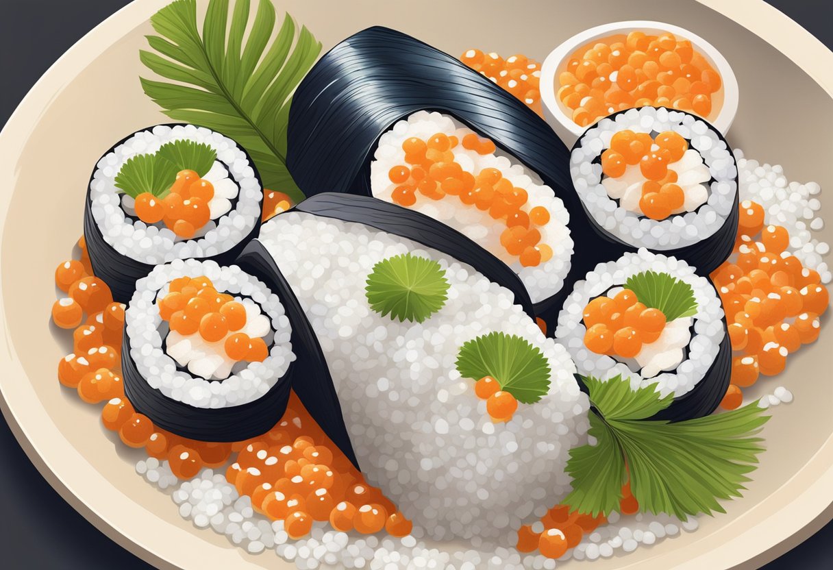 Japanese fish roe being delicately sprinkled over sushi rice, showcasing its culinary uses and health benefits. Rich colors and textures highlight its vibrant and nutritious qualities