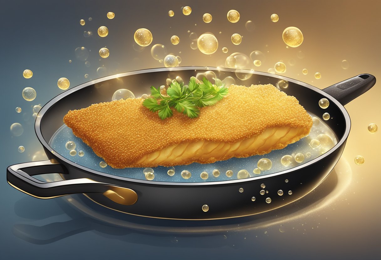 A golden-brown breaded fish fillet sizzling in a hot frying pan, with bubbles forming around the edges