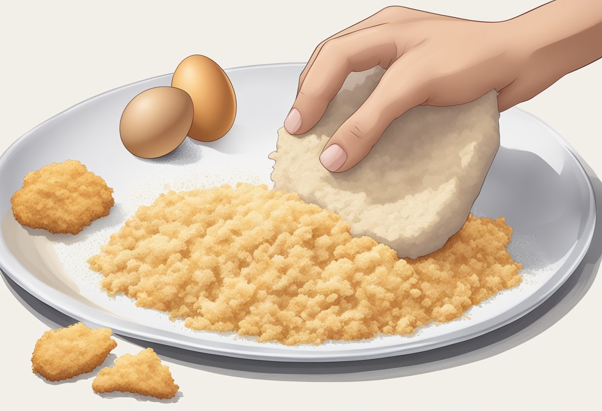 A hand dips a fish fillet into flour, then egg, then breadcrumbs