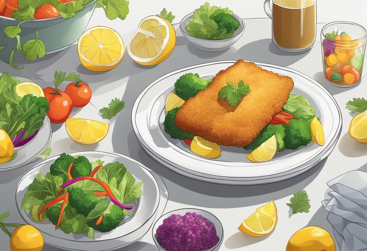 A plate with crispy breaded fish, surrounded by colorful vegetables and a slice of lemon, sits on a clean white table