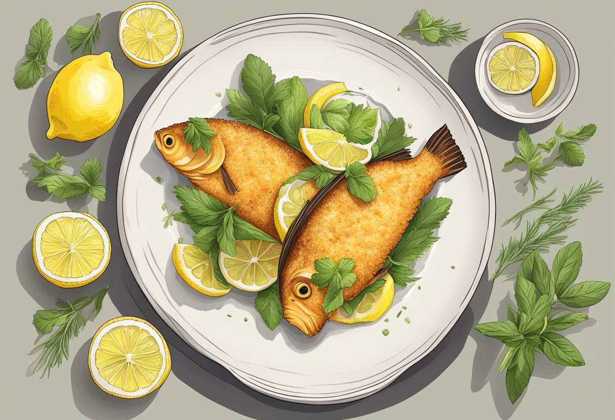 A plate of crispy breaded fish surrounded by lemon wedges and garnished with fresh herbs