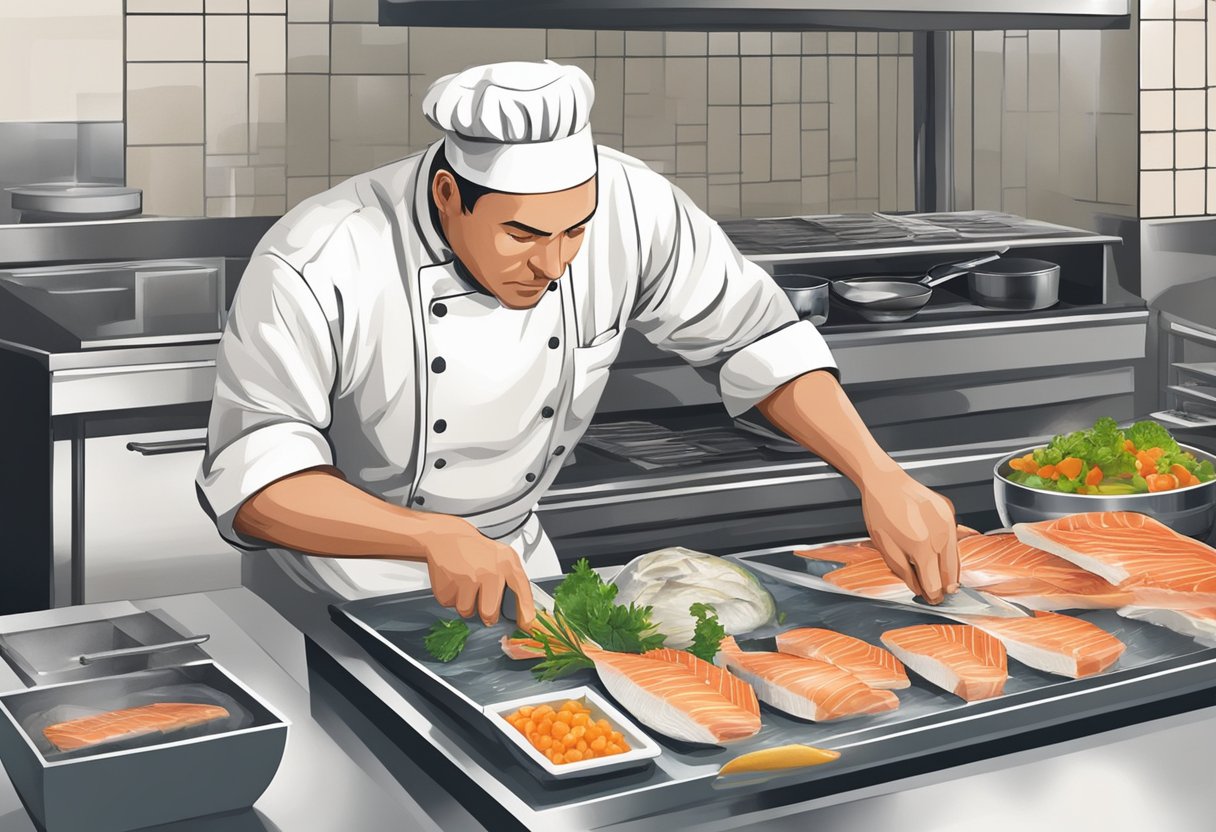 A chef slices fresh fish for a cuisine dish