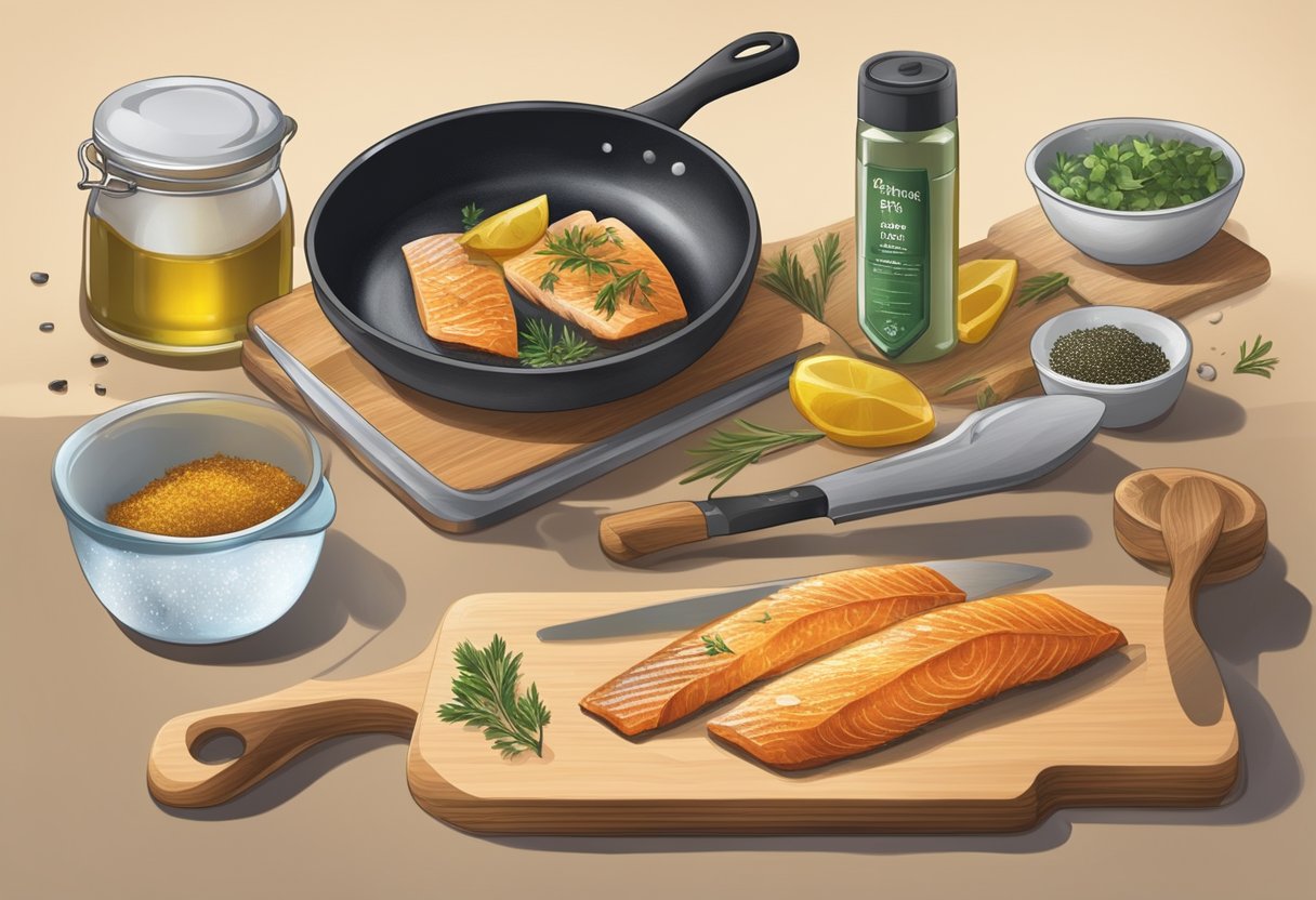 A kitchen counter with a cutting board, knife, and seasonings. A frying pan on the stove with sizzling oil. A package of frozen fish being unwrapped