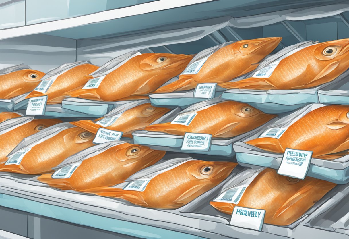A pile of frozen fish packages with "Frequently Asked Questions" labels on ice in a grocery store freezer