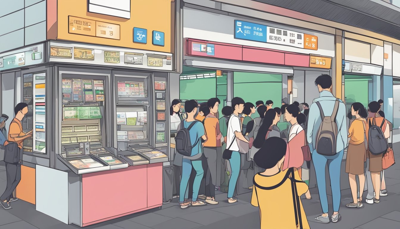 A bustling money changer in Jurong, Singapore, with various currency exchange rates displayed and customers waiting in line