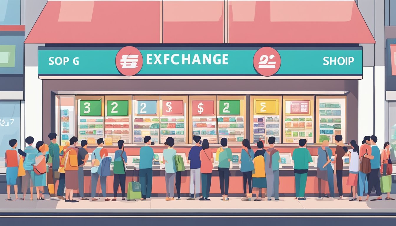 A bustling money exchange shop in Jurong, Singapore, with vibrant currency displays and a line of customers waiting to get the best rates
