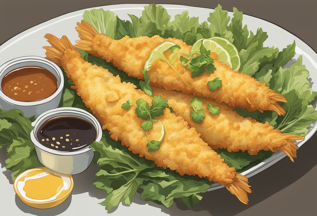 A crispy tempura fish, golden brown and lightly battered, sits atop a bed of fresh, vibrant greens, with a side of tangy dipping sauce