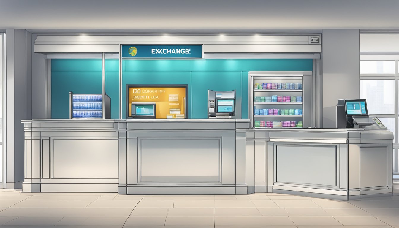 A bright, clean money exchange counter with clear signage on safety regulations. Security cameras and safety deposit boxes visible