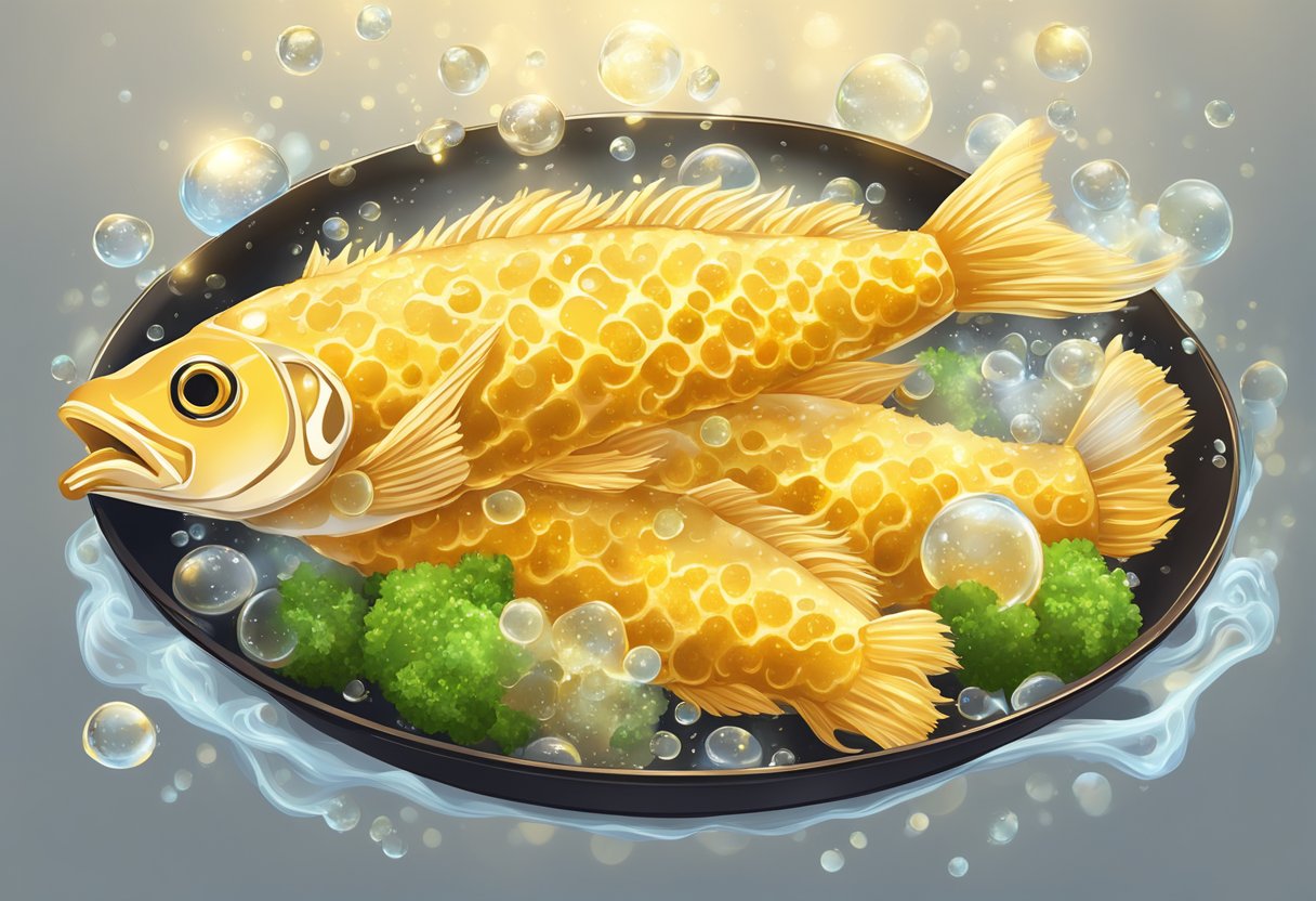 Golden tempura fish sizzling in hot oil, surrounded by bubbling bubbles and a light, crispy coating