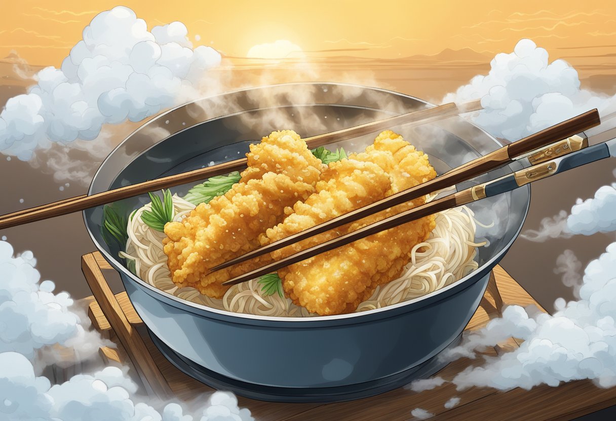 Golden-brown tempura fish sizzling in bubbling oil, surrounded by a cloud of steam, with chopsticks poised to lift the crispy delicacy